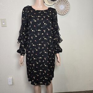 Lauren Ralph Lauren Floral Ruffle Sleeve Black Dress Size 8 Petite